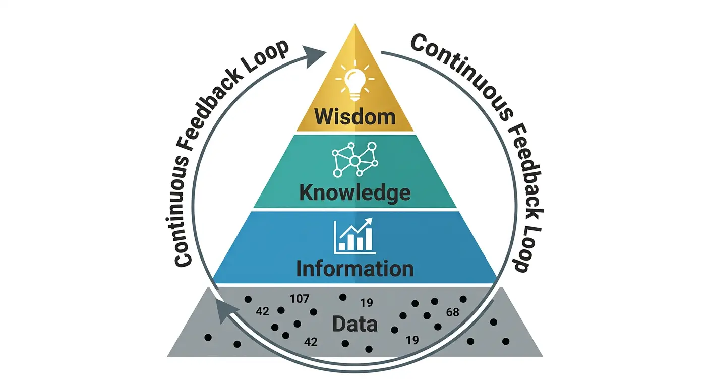 DIKW pyramid showing Data, Information, Knowledge, Wisdom