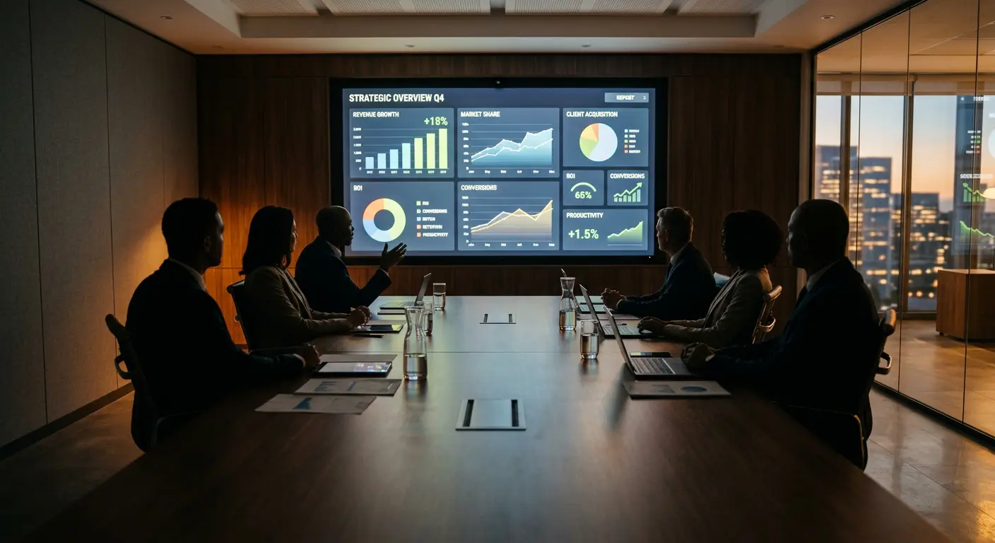 Business leaders making data-driven decisions in a boardroom