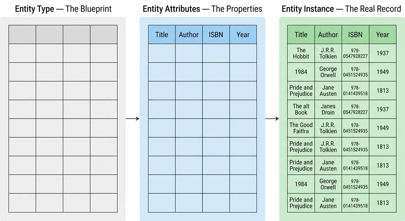 Entity Type, Attributes, and Instance diagram showing book examples