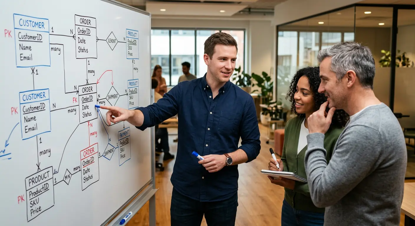 Data architect working on entity-relationship diagrams