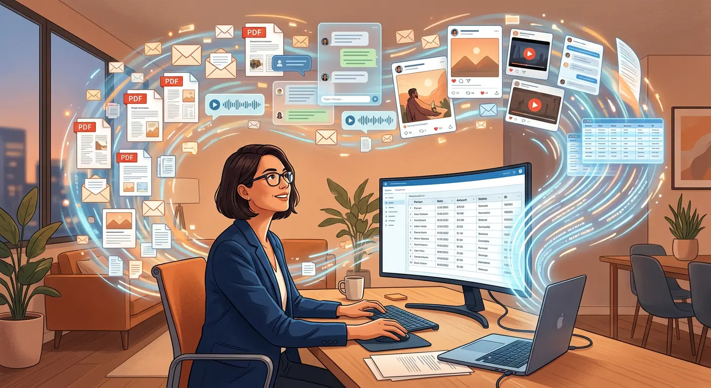 Professional surrounded by unstructured document types being transformed into structured data