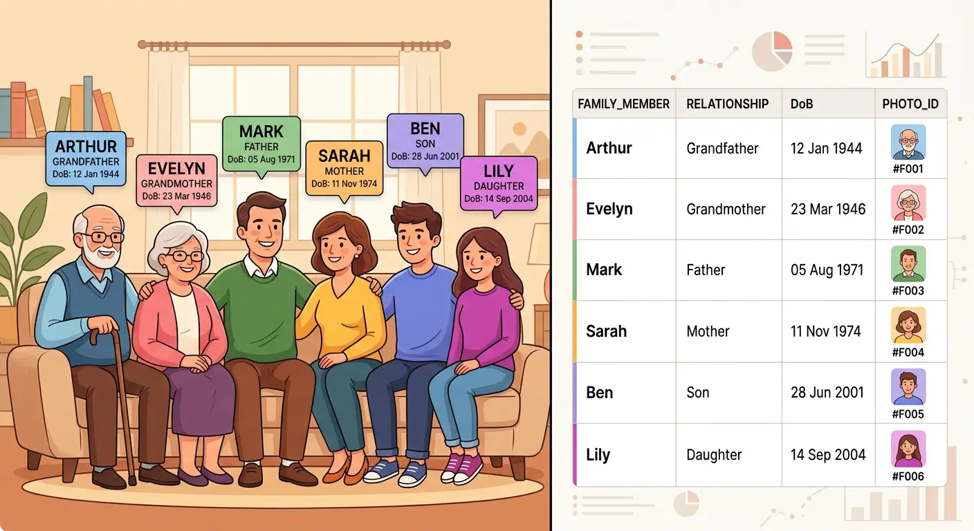 SQL query operations: filter, count, and sort demonstrated on a family table