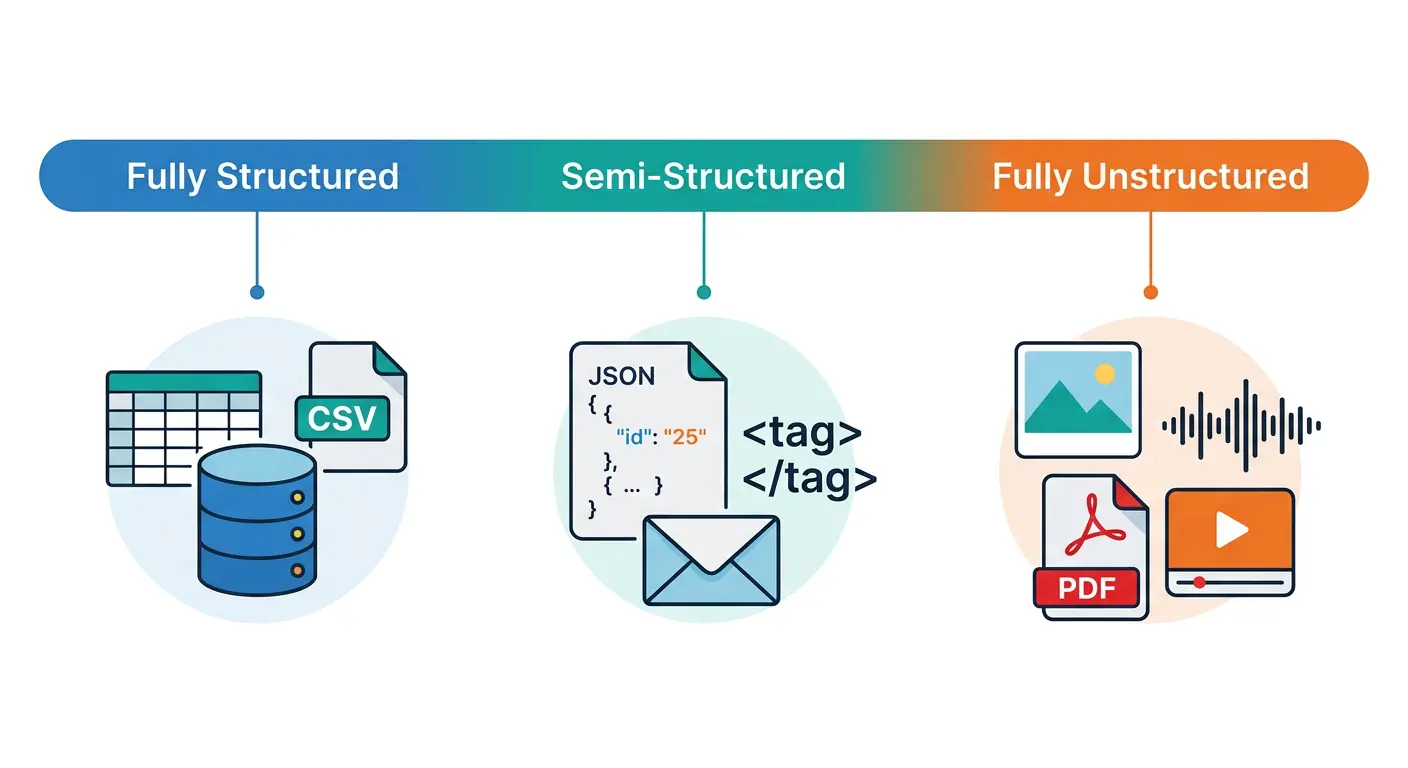 Spectrum from structured data through semi-structured to unstructured data with examples
