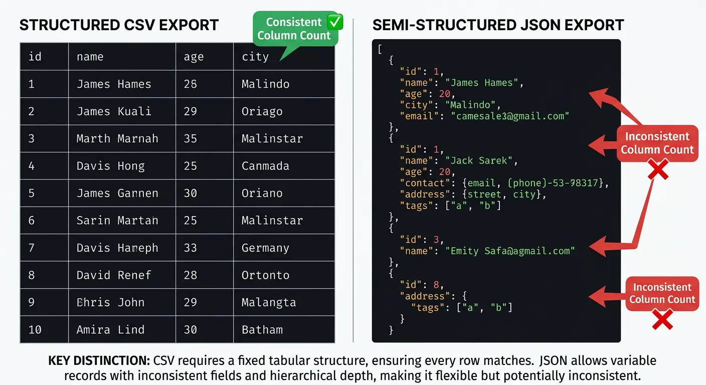 Comparison of structured CSV vs semi-structured JSON data