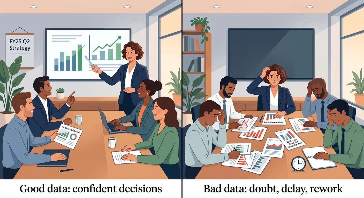 Split illustration showing confident decisions with good data vs confusion with bad data