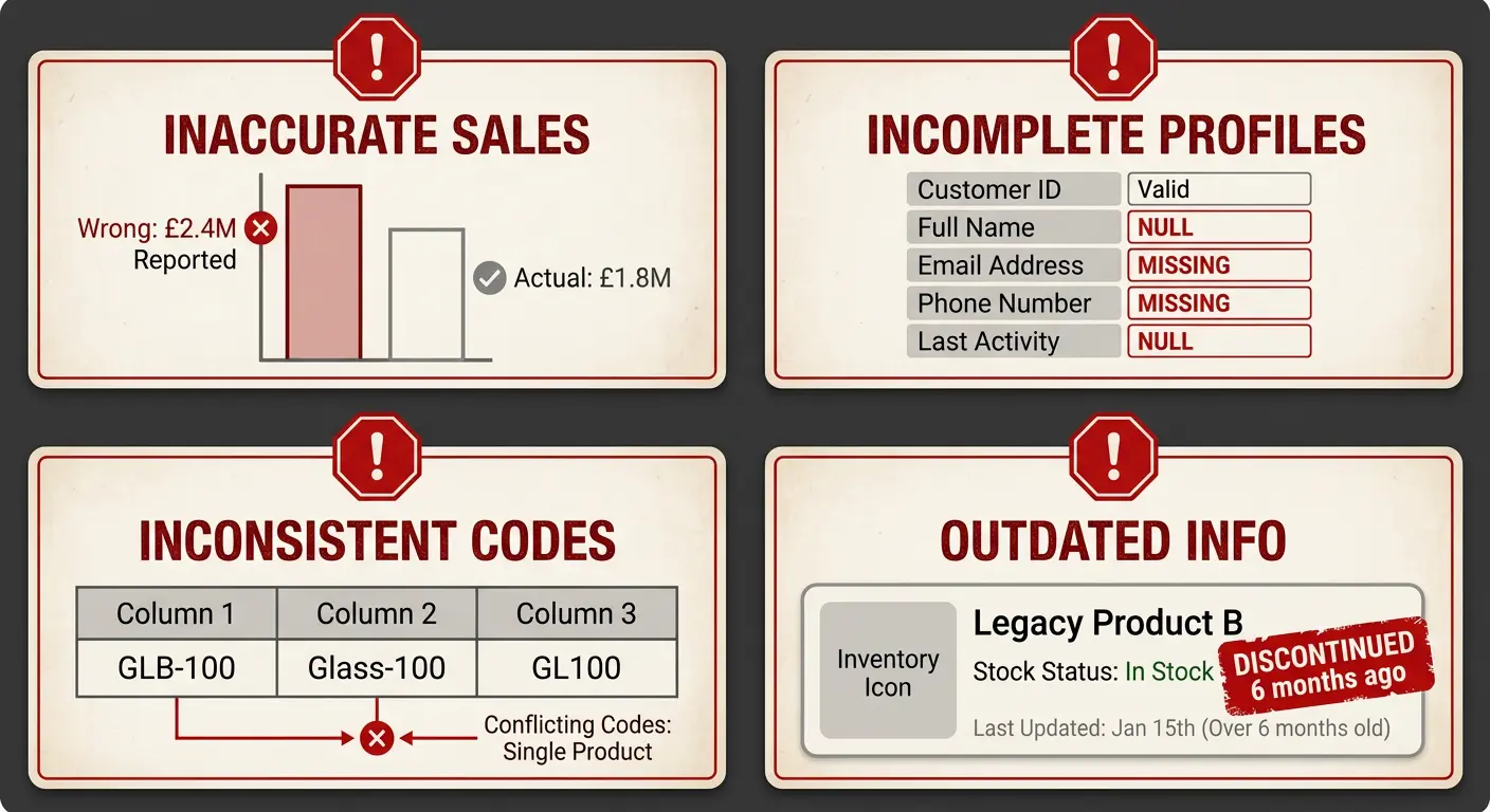 Bad data scenarios: inaccurate sales, incomplete profiles, inconsistent codes, outdated info