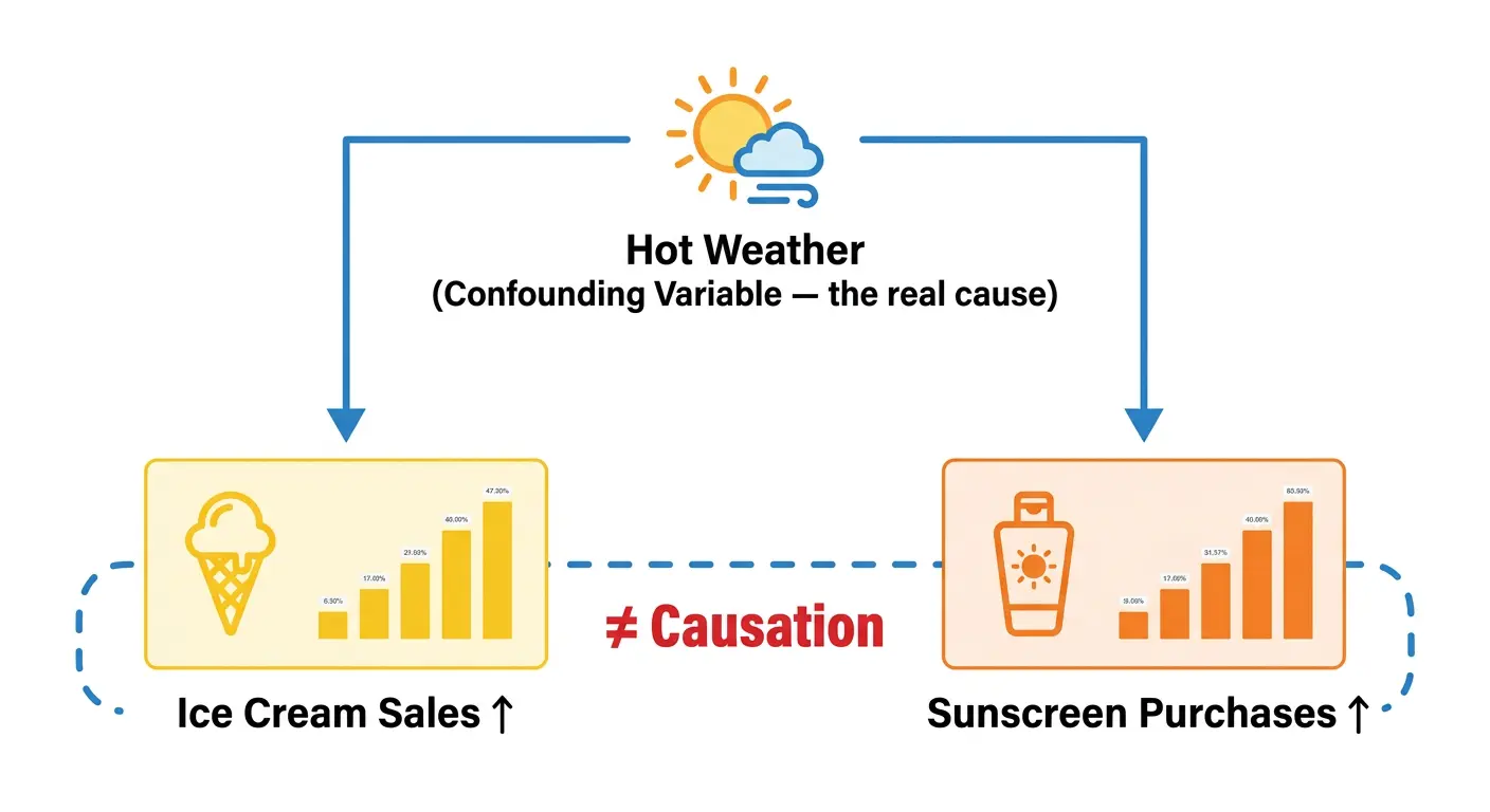 Causality diagram showing hot weather as confounding variable between ice cream sales and sunscreen purchases