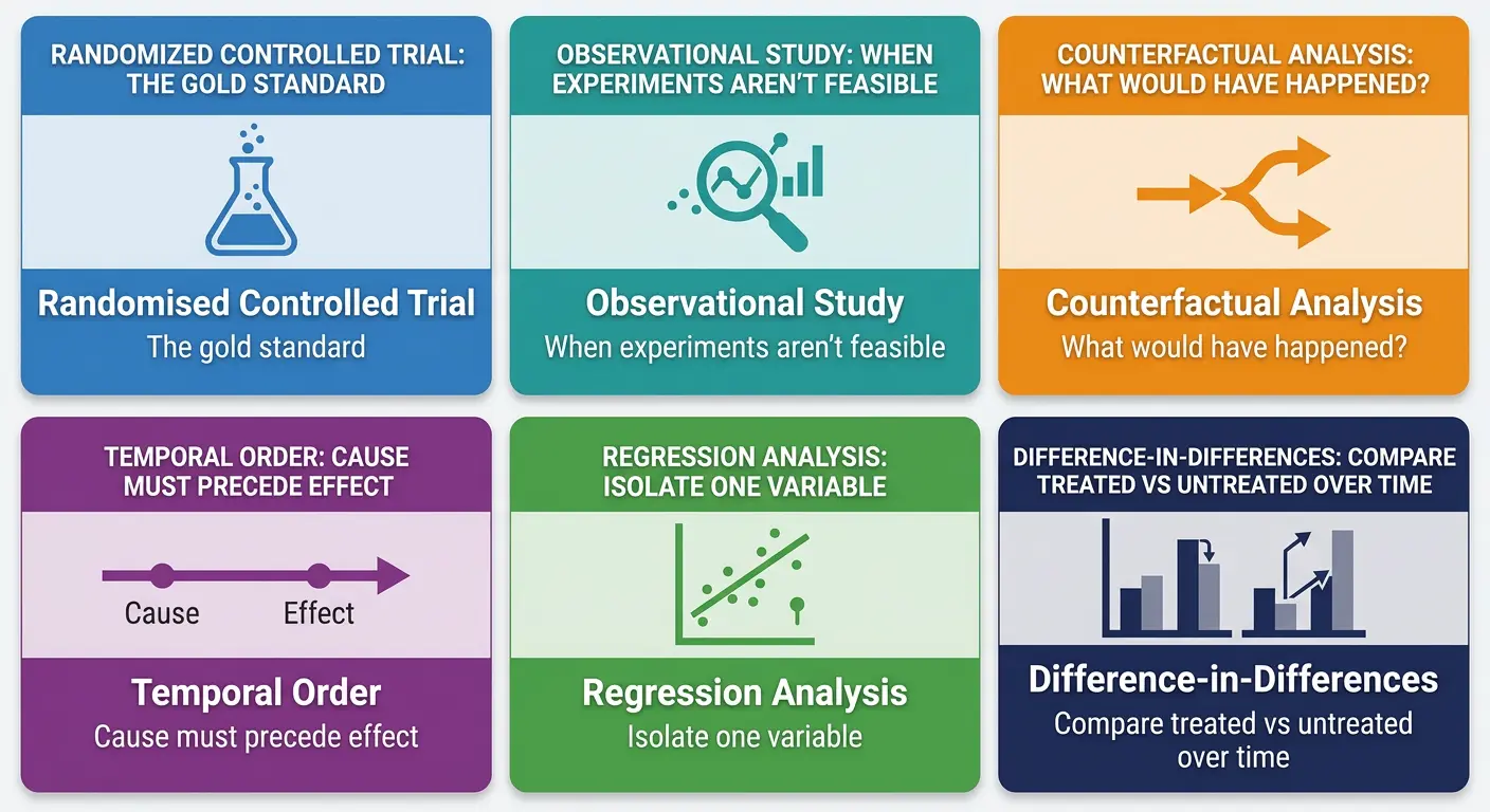 Six methods for establishing causality: RCT, Observational, Counterfactual, Temporal, Regression, Difference-in-Differences