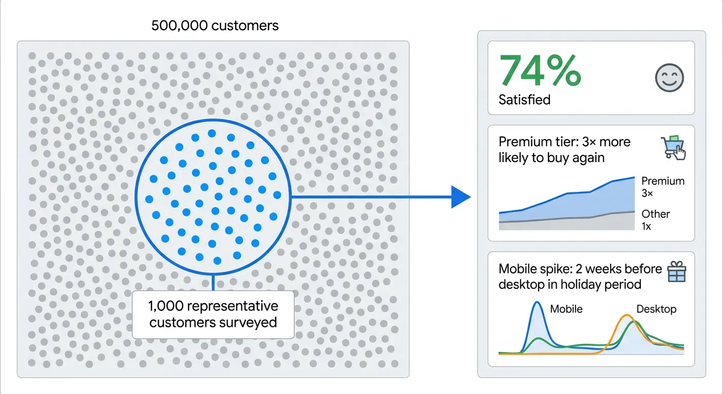 Population of data points with a representative sample being used to draw conclusions