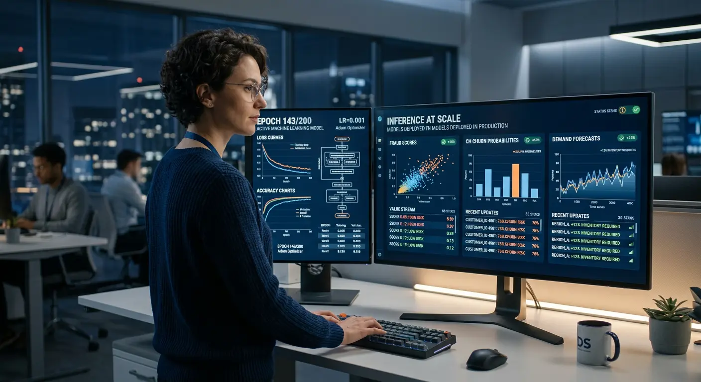 Data scientist with model training metrics and real-time inference dashboard