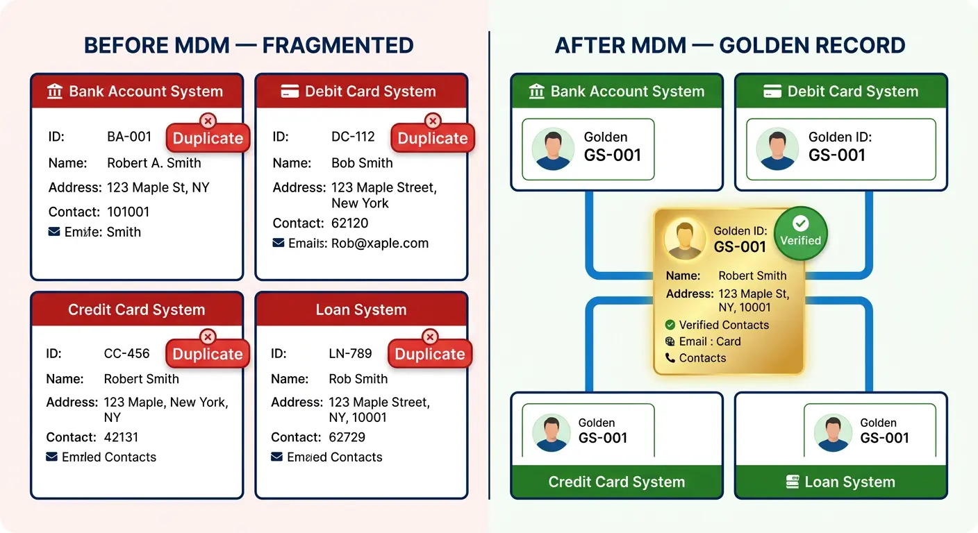 Before and after MDM showing fragmented vs unified customer records