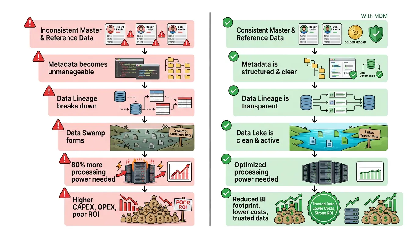 Cascade diagram showing consequences of poor MDM vs benefits of good MDM