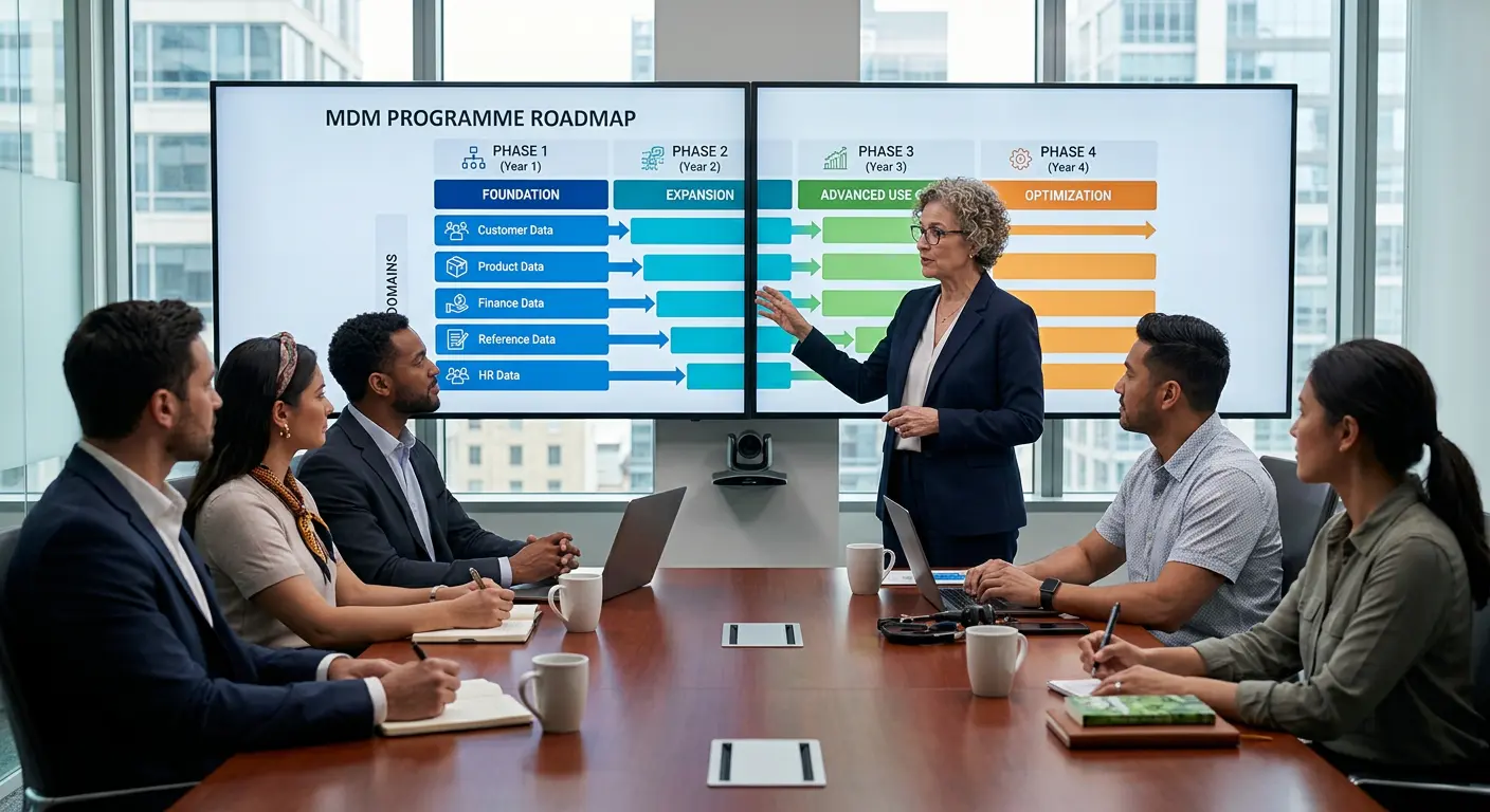 Senior data governance lead presenting MDM roadmap to stakeholders